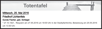 Anzeige von Totentafel vom 25.05.2016 von MGO