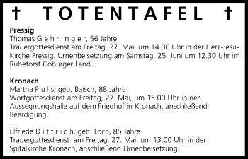 Anzeige von Totentafel vom 25.05.2016 von MGO