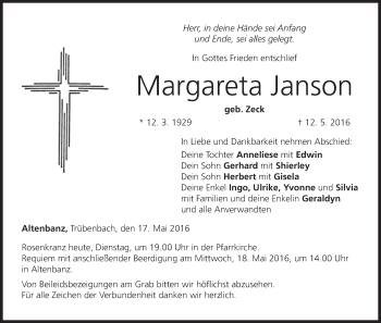 Anzeige von Margareta Janson von MGO