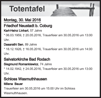 Anzeige von Totentafel vom 30.05.2016 von MGO