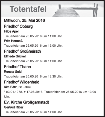 Anzeige von Totentafel vom 25.05.2016 von MGO