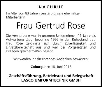 Anzeige von Gertrud Rose von MGO