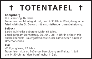 Anzeige von Totentafel vom 30.06.2016 von MGO