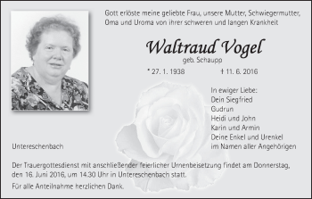 Anzeige von Waltraud Vogel von MGO