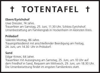 Anzeige von Totentafel vom 24.06.2016 von MGO