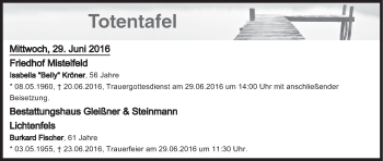 Anzeige von Totentafel vom 29.06.2016 von MGO
