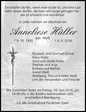Anzeige von Anneliese Hüller von MGO