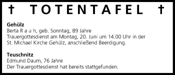 Anzeige von Totentafel vom 18.06.2016 von MGO