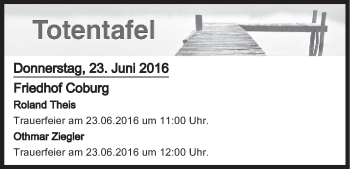 Anzeige von Totentafel vom 23.06.2016 von MGO
