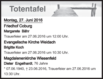 Anzeige von Totentafel vom 27.06.2016 von MGO