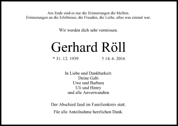 Anzeige von Gerhard Röll von MGO