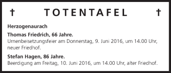 Anzeige von Totentafel vom 07.06.2016 von MGO