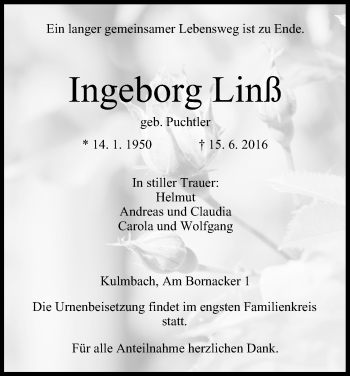 Anzeige von Ingeborg Linß von MGO