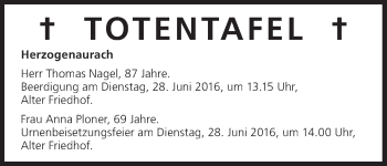 Anzeige von Totentafel vom 25.06.2016 von MGO