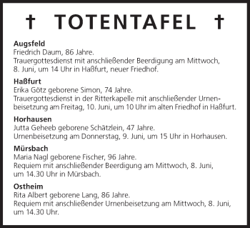 Anzeige von Totentafel vom 07.06.2016 von MGO