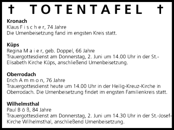 Anzeige von Totentafel vom 01.06.2016 von MGO