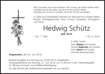 Anzeige von Hedwig Schütz von MGO