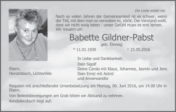Anzeige von Babette Gildner-Pabst von MGO