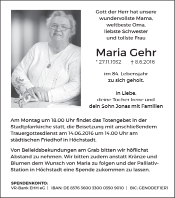 Anzeige von Maria Gehr von MGO
