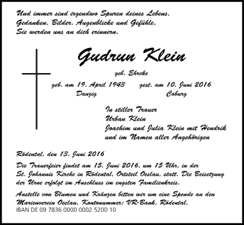 Anzeige von Gudrun Klein von MGO