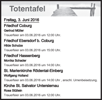 Anzeige von Totentafel vom 03.06.2016 von MGO