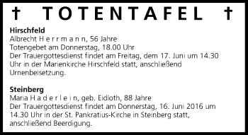 Anzeige von Totentafel vom 16.06.2016 von MGO