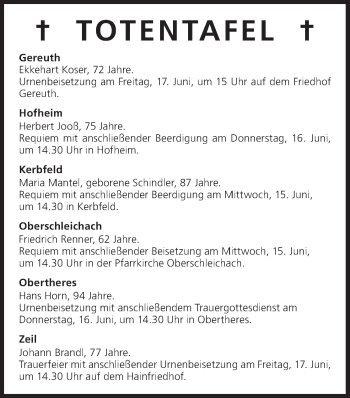 Anzeige von Totentafel vom 15.06.2016 von MGO