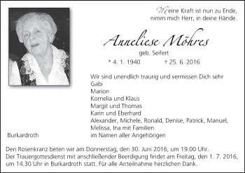 Anzeige von Anneliese Möhres von MGO