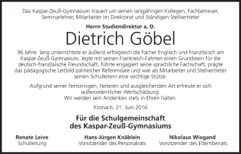 Anzeige von Dietrich Göbel von MGO
