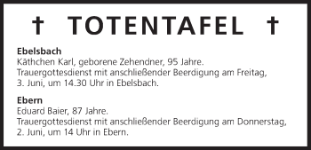 Anzeige von Totentafel vom 01.06.2016 von MGO