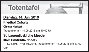 Anzeige von Totentafel vom 14.06.2016 von MGO