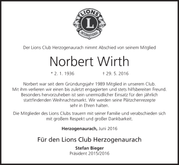 Anzeige von Norbert Wirth von MGO