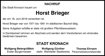 Anzeige von Horst Brieger von MGO