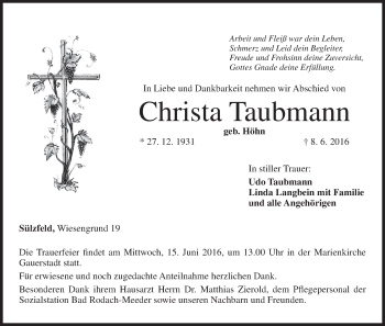 Anzeige von Christa Taubmann von MGO