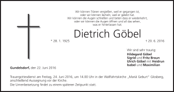 Anzeige von Dietrich Göbel von MGO