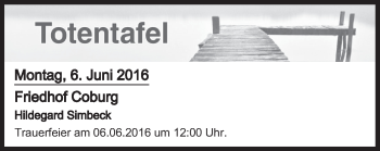 Anzeige von Totentafel vom 06.06.2016 von MGO