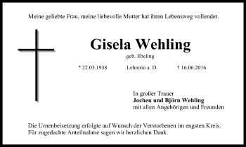 Anzeige von Gisela Wehling von MGO