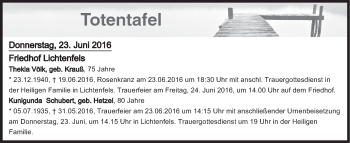 Anzeige von Totentafel vom 23.06.2016 von MGO