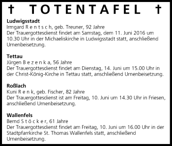 Anzeige von Totentafel vom 09.06.2016 von MGO