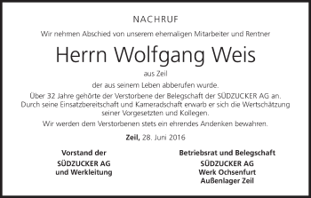 Anzeige von Wolfgang Weis von MGO