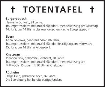 Anzeige von Totentafel vom 14.06.2016 von MGO