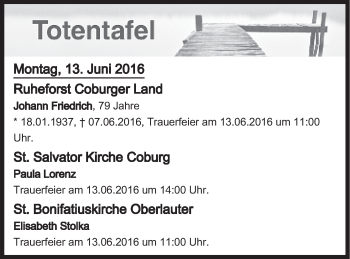 Anzeige von Totentafel vom 13.06.2016 von MGO