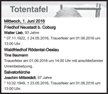 Anzeige von Totentafel vom 01.06.2016 von MGO