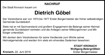 Anzeige von Dietrich Göbel von MGO