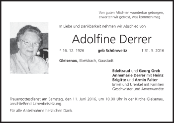 Anzeige von Adolfine Derrer von MGO