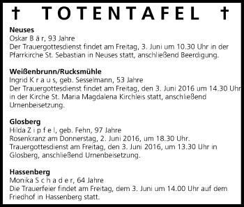 Anzeige von Totentafel vom 02.06.2016 von MGO