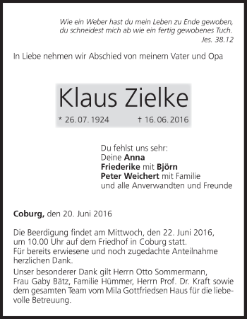 Anzeige von Klaus Zielke von MGO