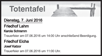 Anzeige von Totentafel vom 07.06.2016 von MGO