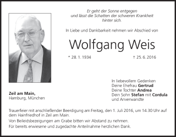 Anzeige von Wolfgang Weis von MGO