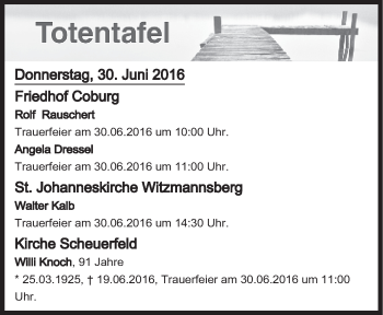 Anzeige von Totentafel vom 30.06.2016 von MGO